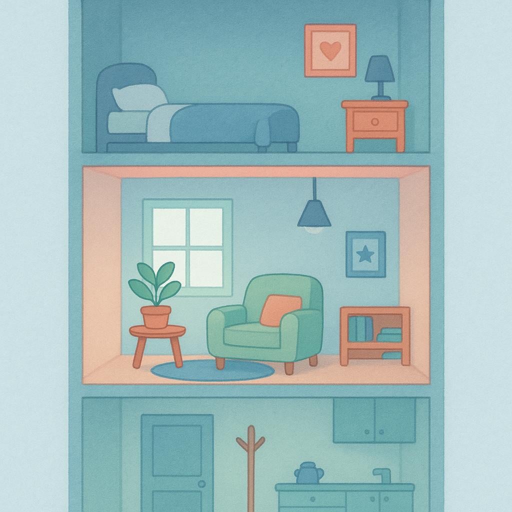 A colorful storybook cross-section drawing of a building, focusing on a single, well-lit apartment unit on the middle floor.