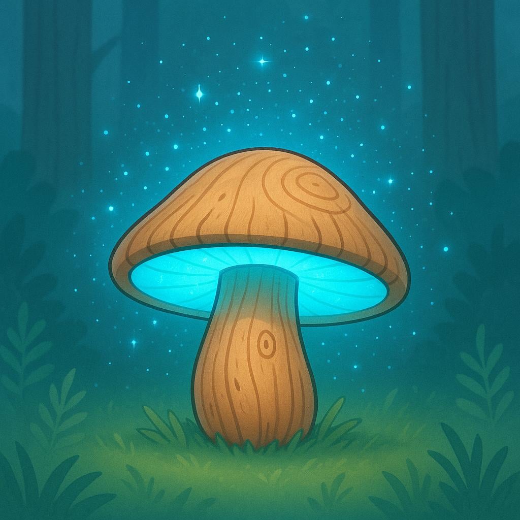 A stylized wooden mushroom stands in a forest clearing, emitting a soft blue magical glow and surrounded by sparkling dust, depicting an object that is magically charmed.