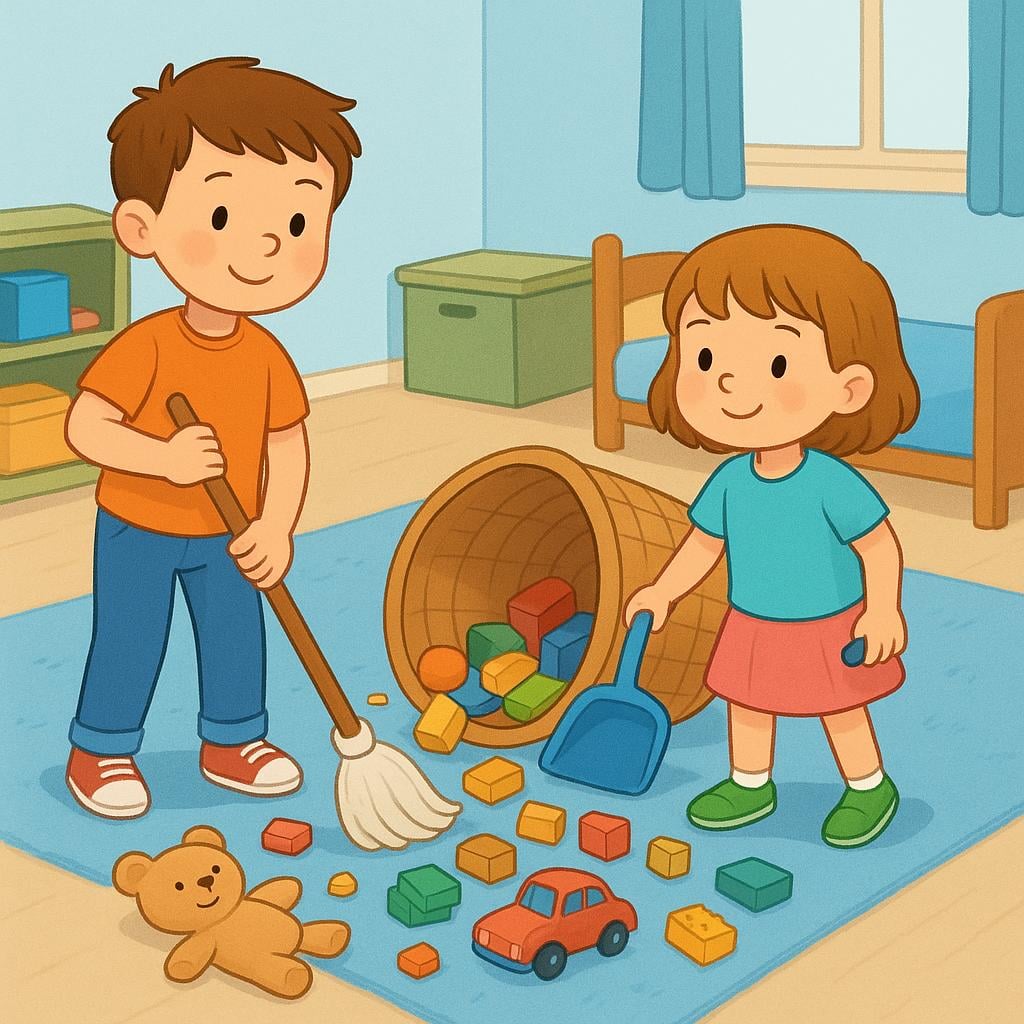 Two siblings standing in a messy room next to a large basket, holding cleaning tools, indicating they must clean up the scattered toys.