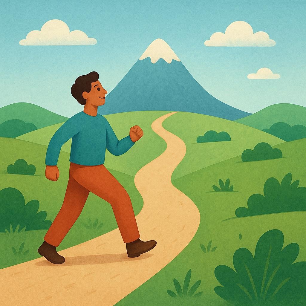 A determined hiker stands at the beginning of a clear, winding path that leads toward a sunny mountain peak in the distance, symbolizing their purpose.