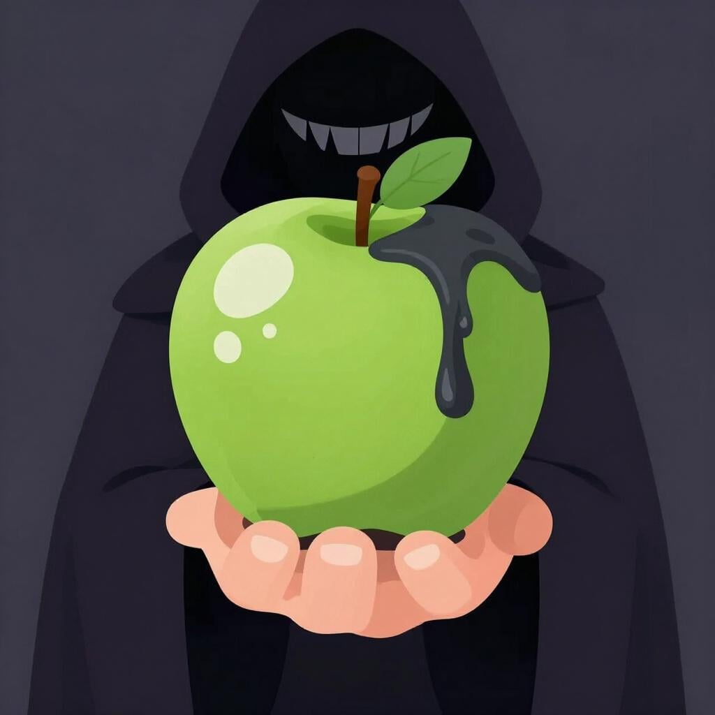 A shadowy figure in a dark cloak holding a glowing, poisonous-looking green apple.