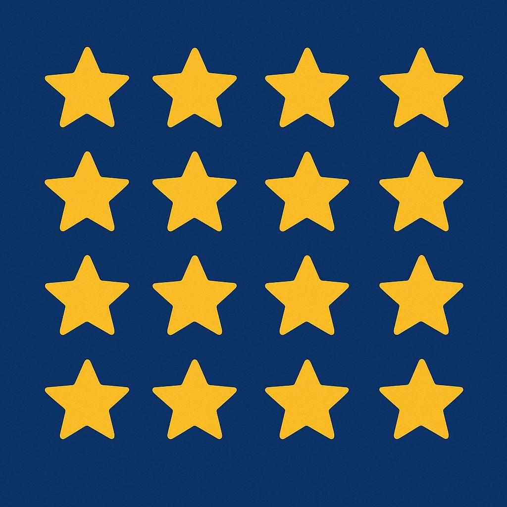 A storybook illustration depicting fifteen small yellow stars arranged neatly in a grid of five rows by three columns on a dark blue background.