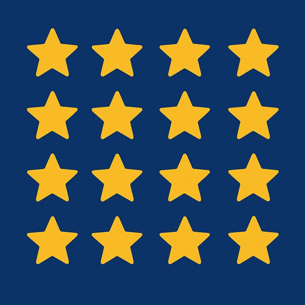 A storybook illustration depicting fifteen small yellow stars arranged neatly in a grid of five rows by three columns on a dark blue background.