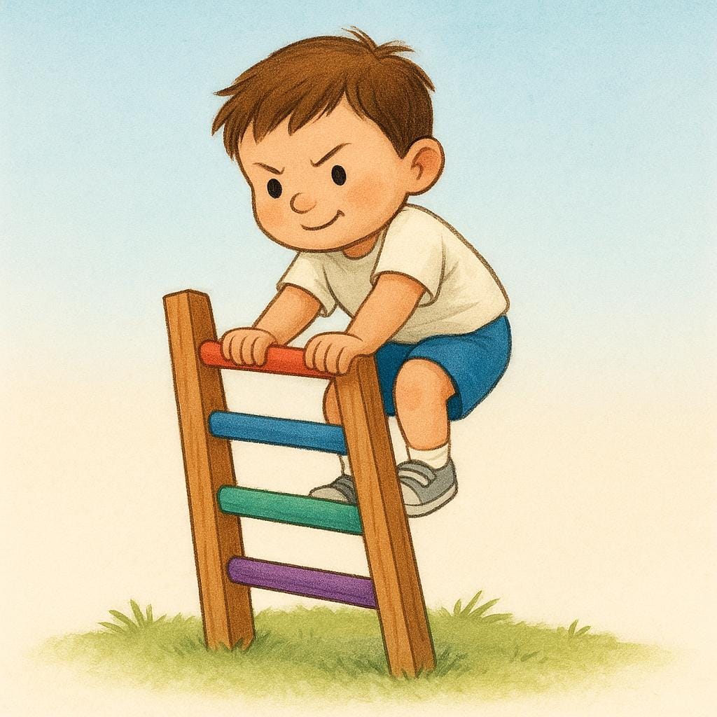 A determined boy climbing a small wooden ladder, illustrating the act of trying to achieve something.