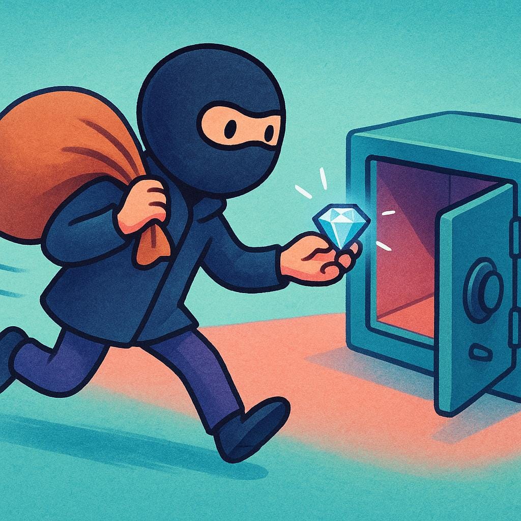 A masked figure, wearing black gloves, quickly snatching a bag of money from an open window of a building.