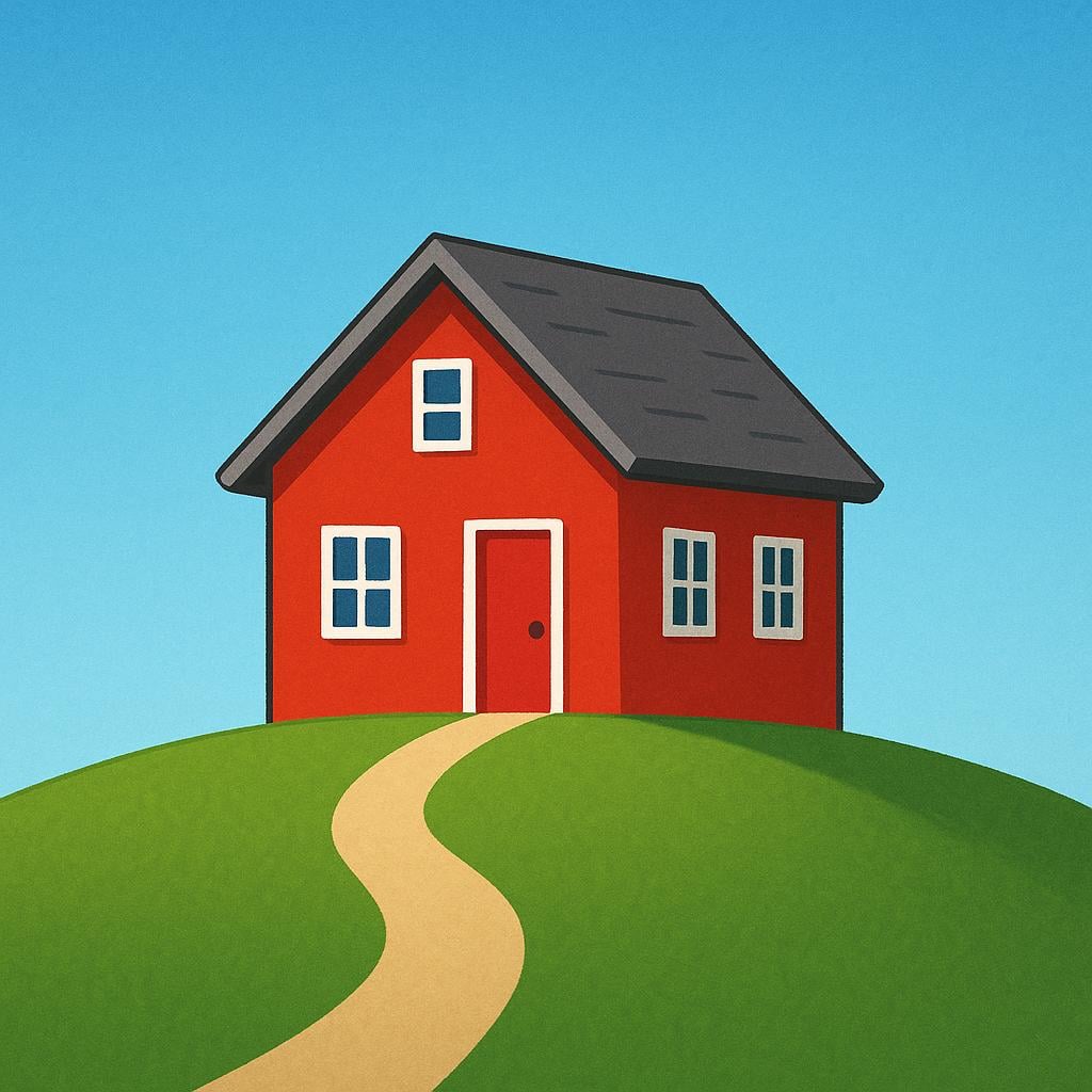 A simple red house with a chimney sitting on a green grassy hill, symbolizing real estate ownership.