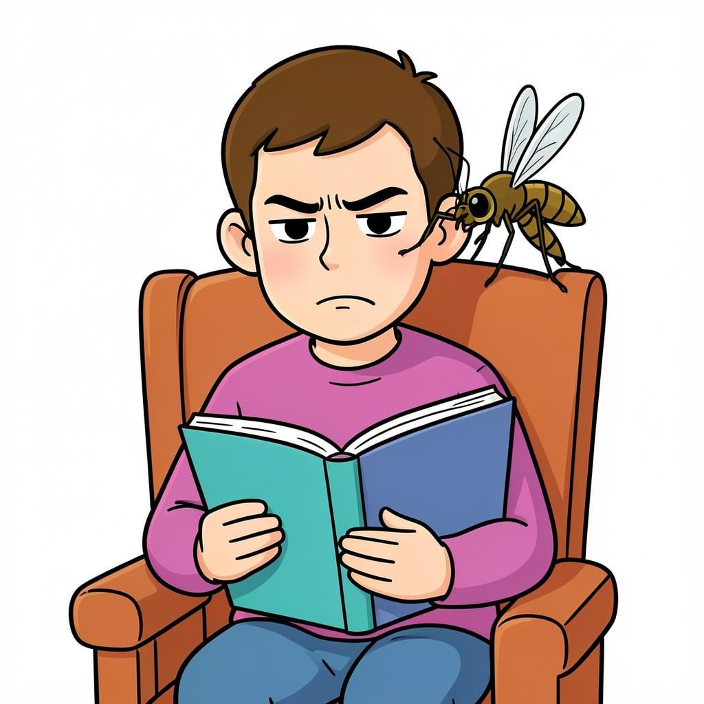 A person trying to read a book while a buzzing mosquito flies around their head, causing them to look frustrated.