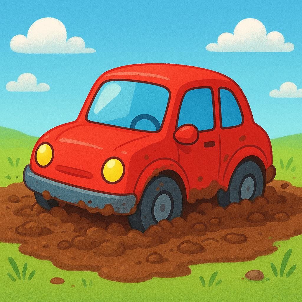 A bright red toy car buried deep in thick brown mud on a sunny day, unable to move its wheels.
