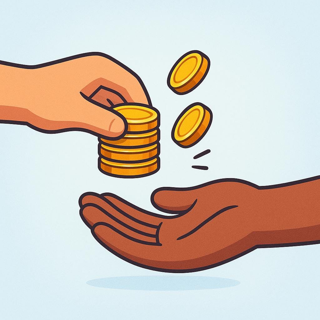 Two stylized hands meeting, one handing a stack of coins to the other, symbolizing a financial transaction.
