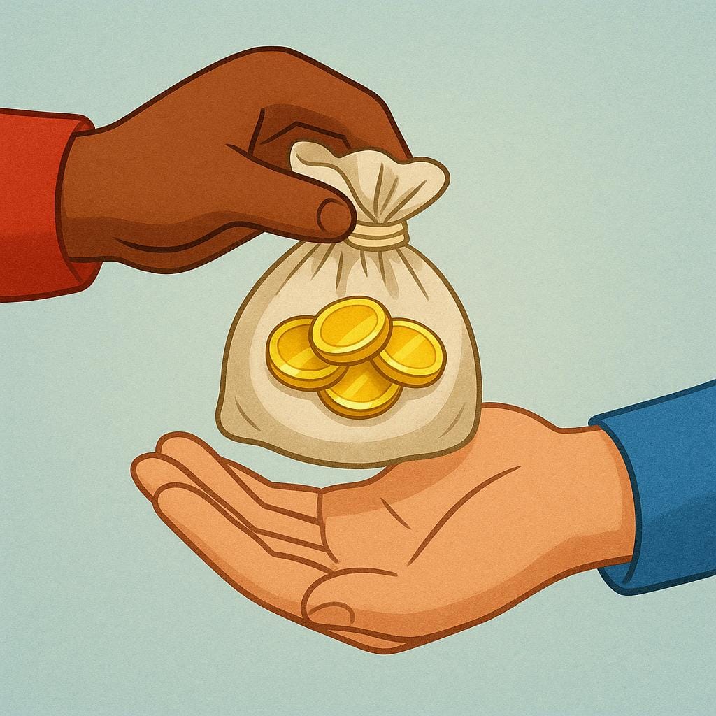 A close-up of two hands meeting. One hand is secretly slipping a small bag filled with gold coins into the palm of the other hand, representing a bribe.