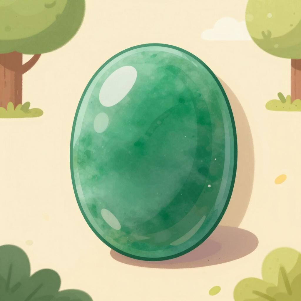 A smooth, polished green jade gemstone resting on a clean white surface.