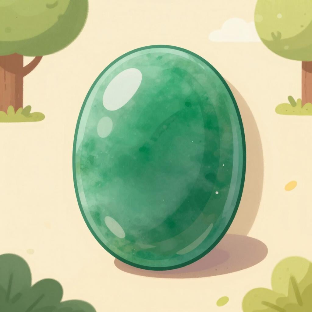A smooth, polished green jade gemstone resting on a clean white surface.