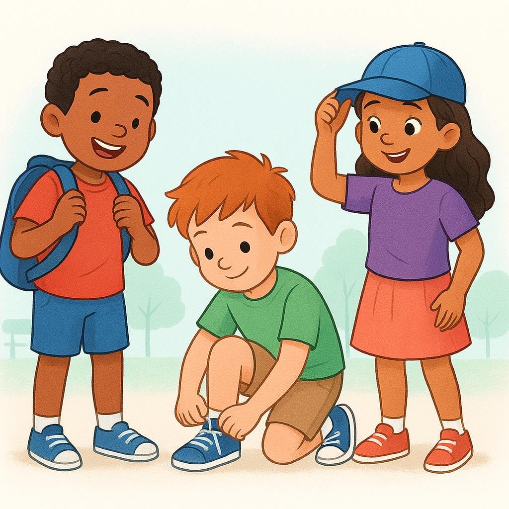 Tre bambini dei cartoni animati allegri in piedi fianco a fianco, che si preparano attivamente per un'attività. Un bambino sta allacciando un grande zaino blu, un altro sta allacciando uno stivale robusto e il terzo si sta sistemando un cappello, mostrando prontezza.