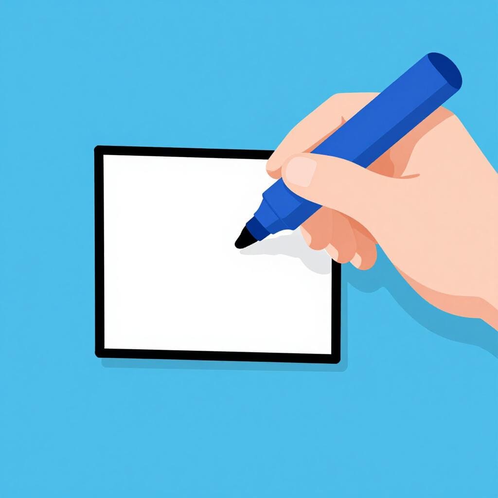 Una mano che disegna il contorno di un semplice quadrato blu su una lavagna bianca per incorniciare uno spazio specifico.