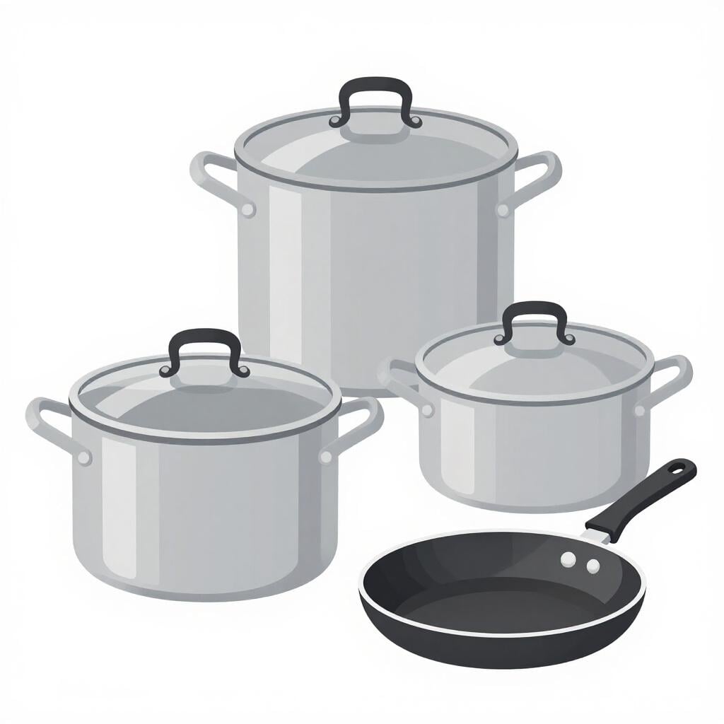 A set of matching metal pots and pans with lids.