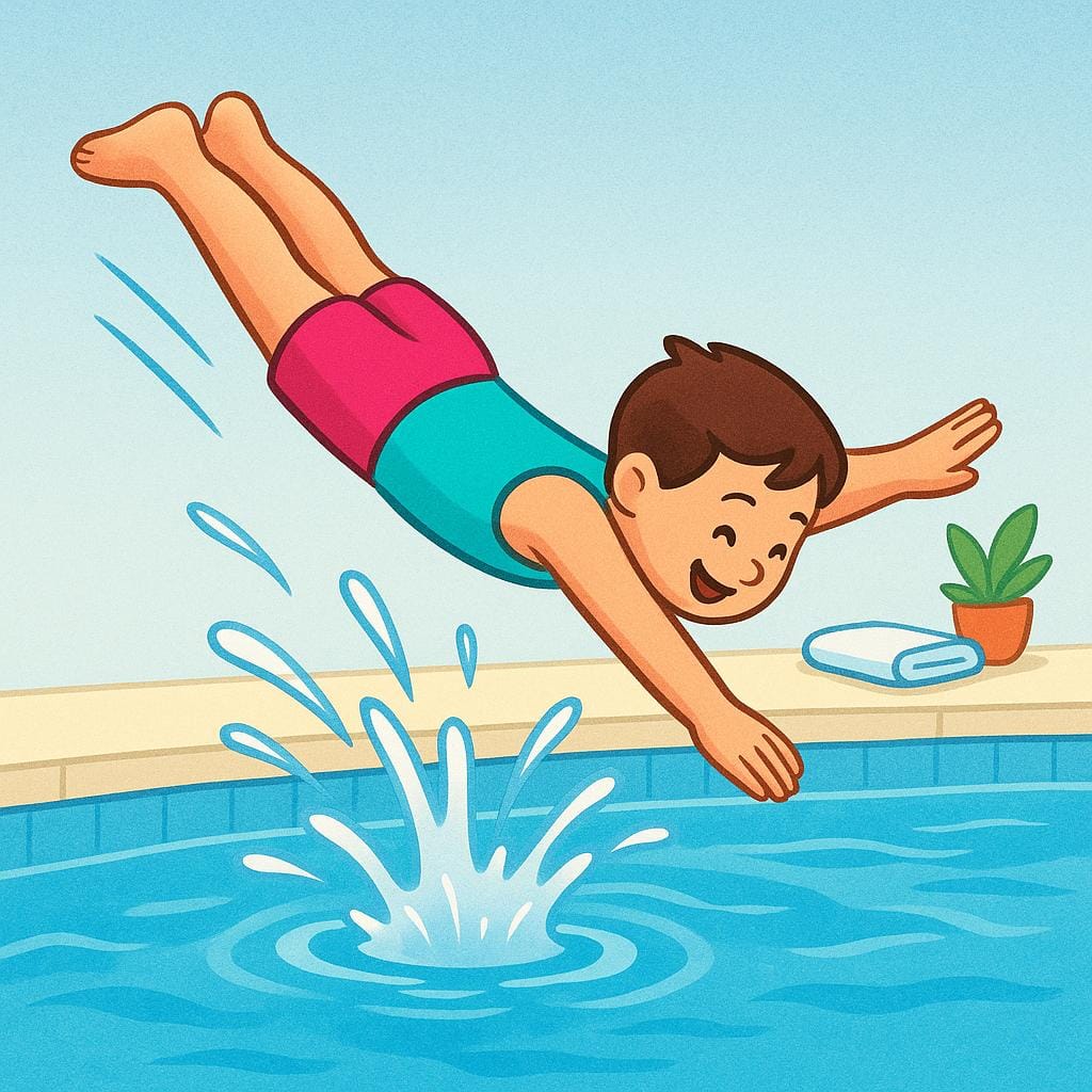 A joyful figure mid-air, enthusiastically diving headfirst into a sparkling blue pool of water.