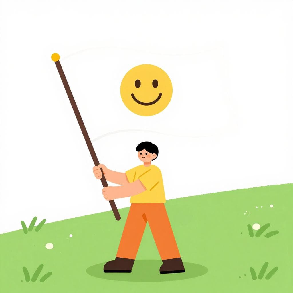 Una persona in piedi su una collina erbosa che tiene una grande bandiera sventolante con un sorriso smagliante.