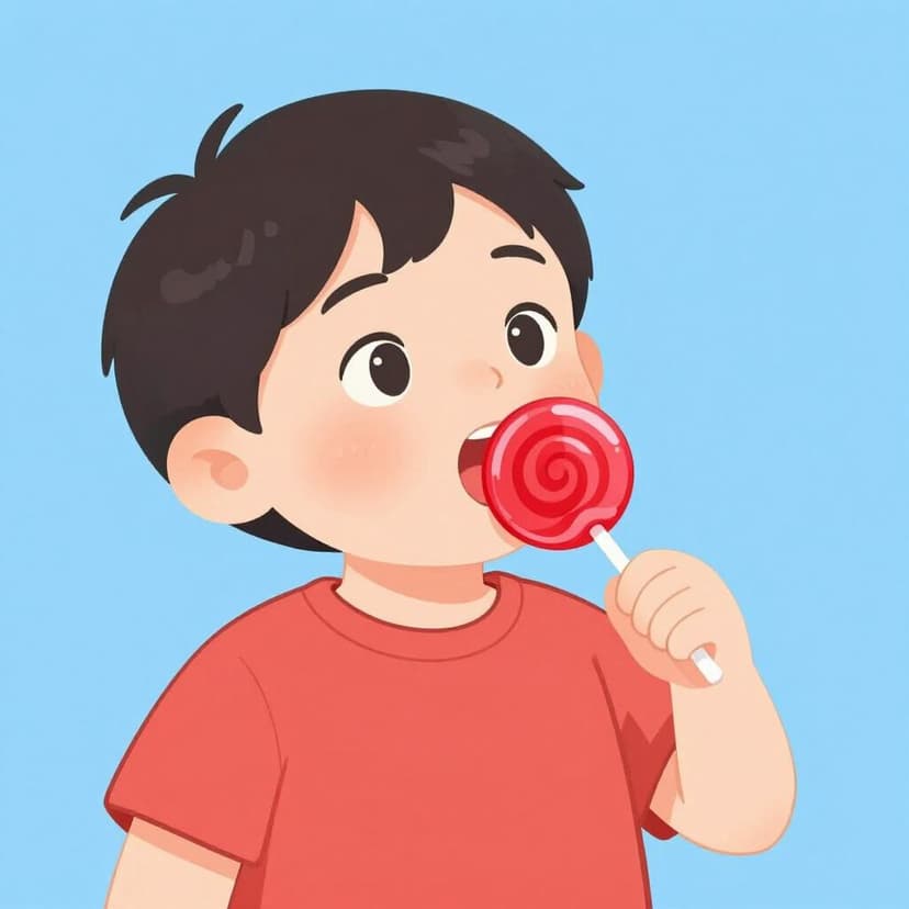 A child happily enjoying a bright red lollipop.