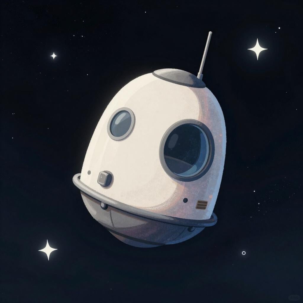 A small metallic spacecraft capsule floating in space.