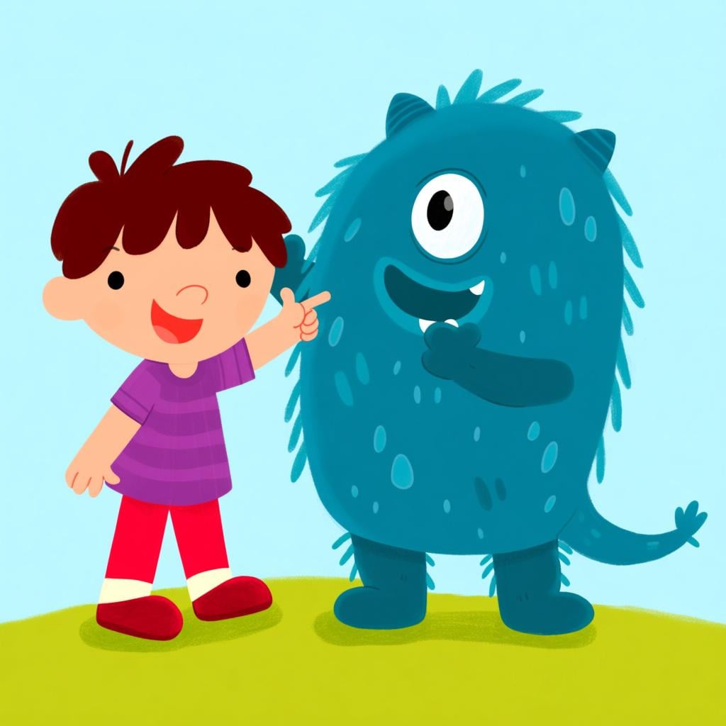 A child introducing a unique, friendly, brightly colored creature by pointing at it, symbolizing the act of naming.