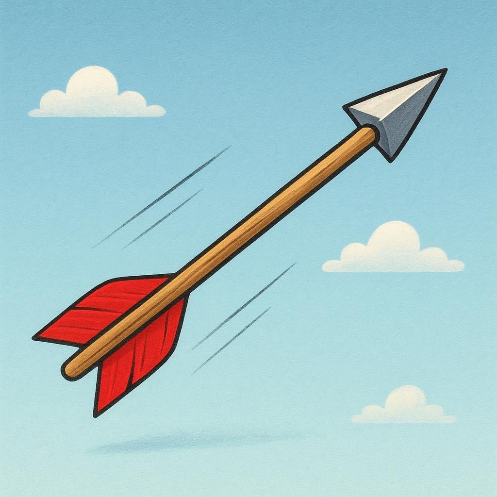 A single wooden arrow with a sharp metal tip and red and white feather fletching, depicted flying through the air.