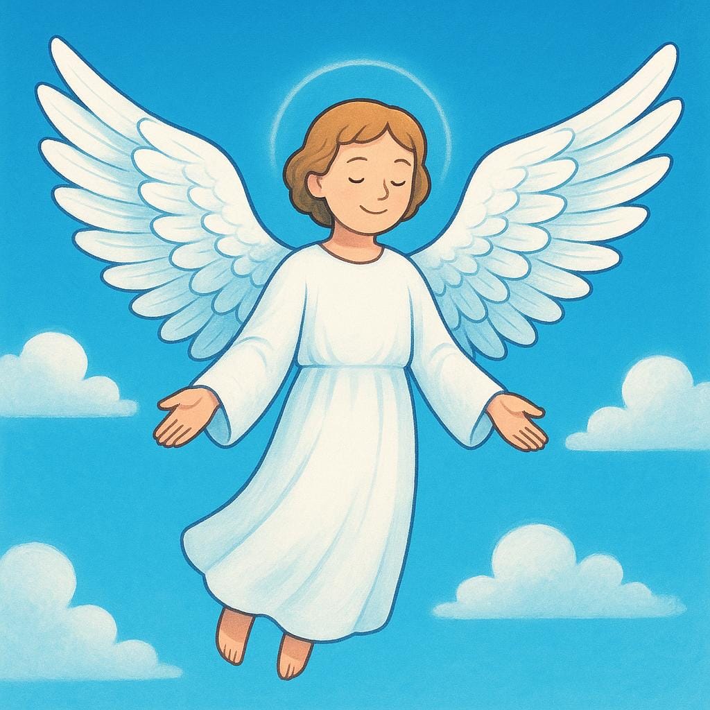 A white-robed figure with large white wings floating peacefully against a bright blue sky, representing a celestial angel.