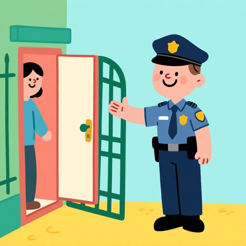 A friendly security guard standing next to an open, brightly colored doorway or gate, gesturing with an open palm for a smaller person to walk past, clearly granting permission.