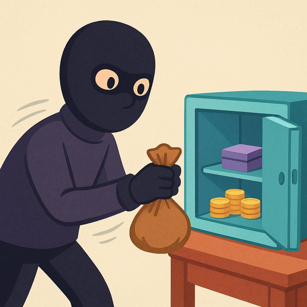 A masked figure wearing black gloves is quickly taking a small brown sack of valuables from an open, unattended safe.