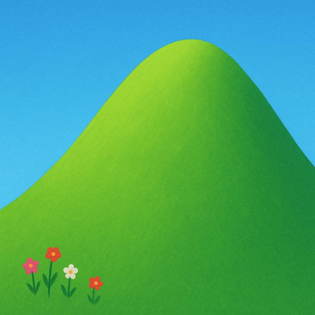 A colorful illustration of a single large green mount or hill under a bright blue sky.