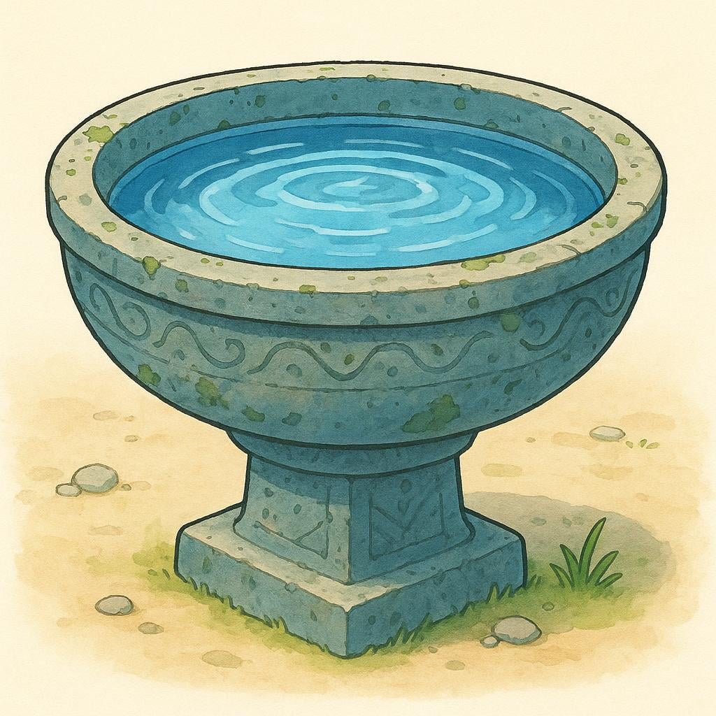 A large, round, ancient stone basin, similar to a baptismal font, filled with clear water.