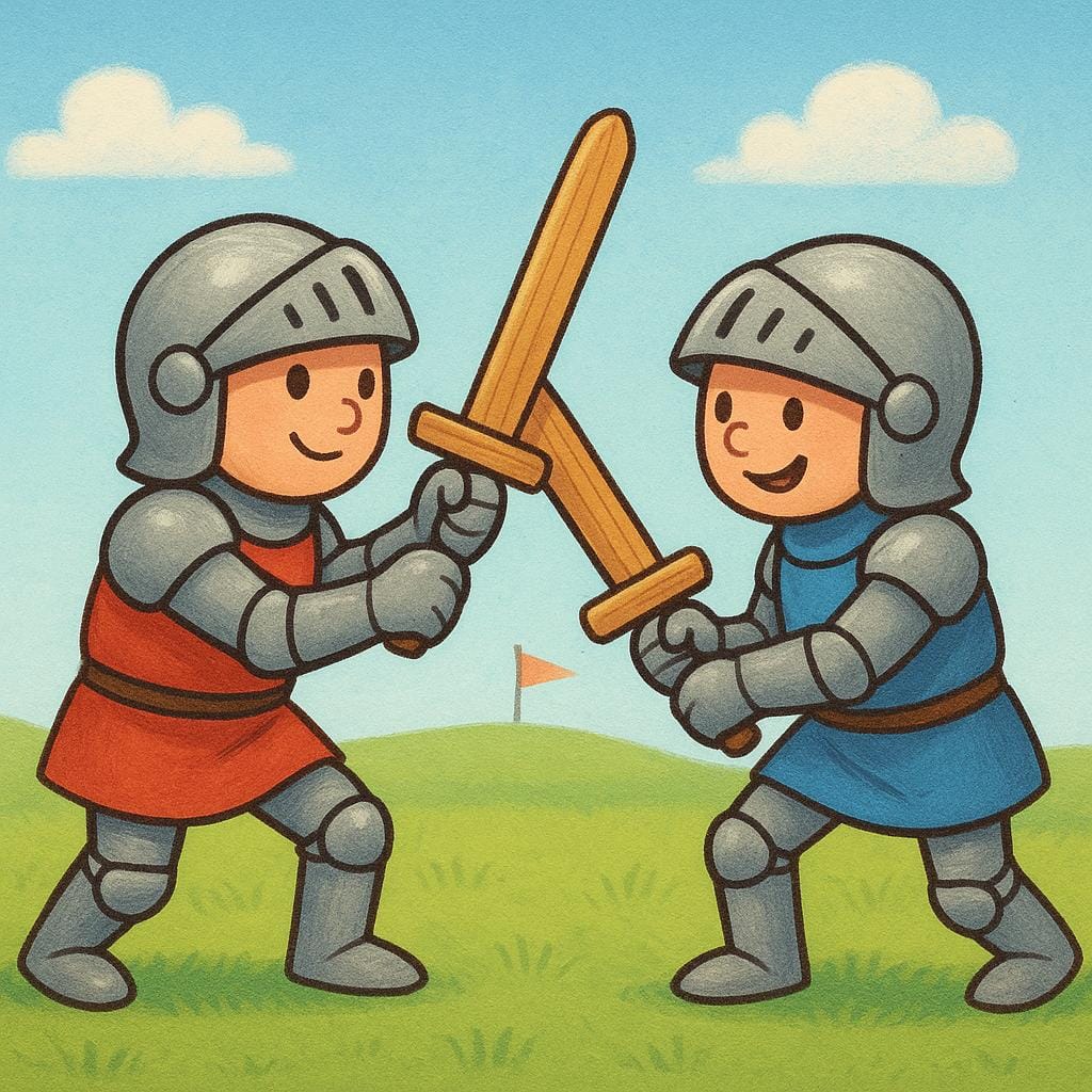 Un'illustrazione colorata di un libro di fiabe che mostra due cavalieri dall'aria amichevole che si allenano con spade di legno, a dimostrazione del combattimento fisico.