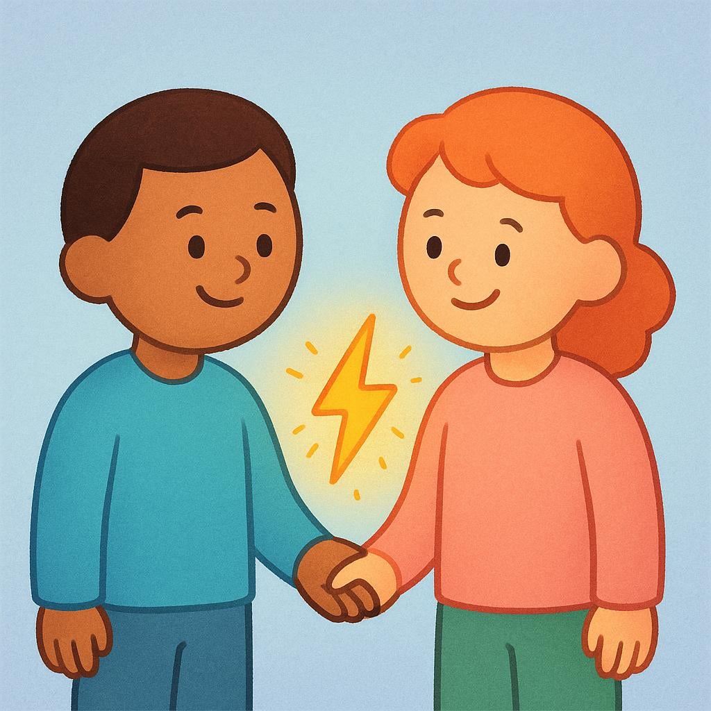 Two simple figures standing near each other, connected by a visible, bright yellow spark, symbolizing interpersonal chemistry.
