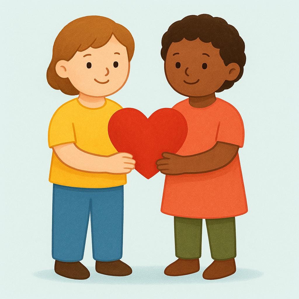 Two stylized, simplistic figures standing side-by-side, gently holding hands. A large, simple red heart is positioned between them, symbolizing shared affection.