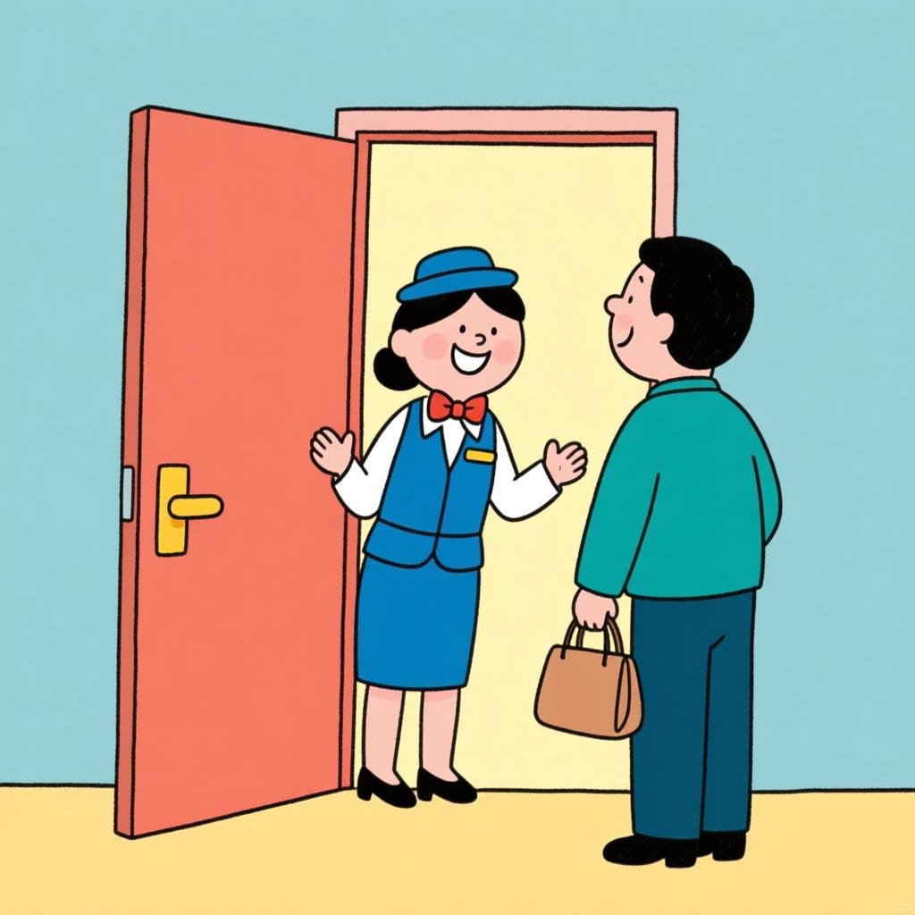 A smiling host opens a door wide, extending a hand to warmly welcome a guest who is holding a small travel bag.