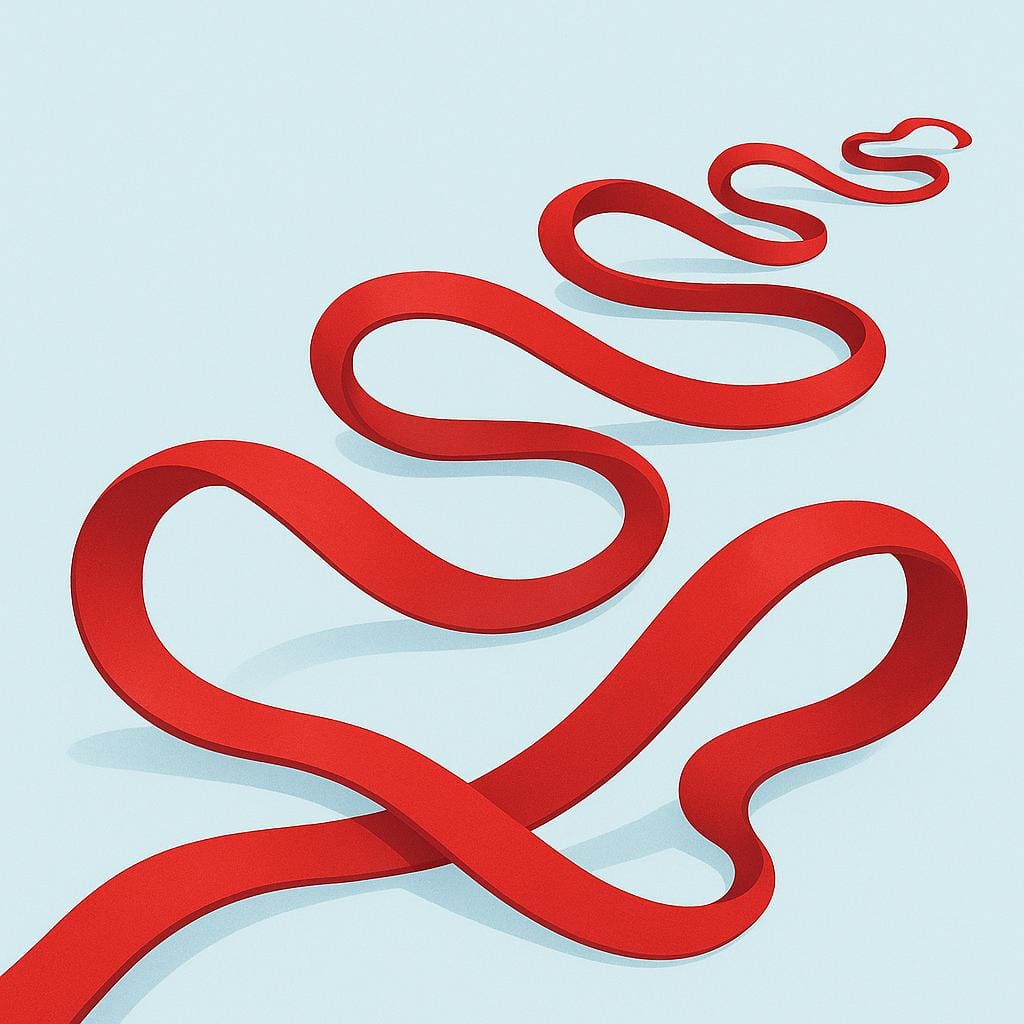 A bright red ribbon, visually stretched out to an exaggerated length, winding across a simple background.