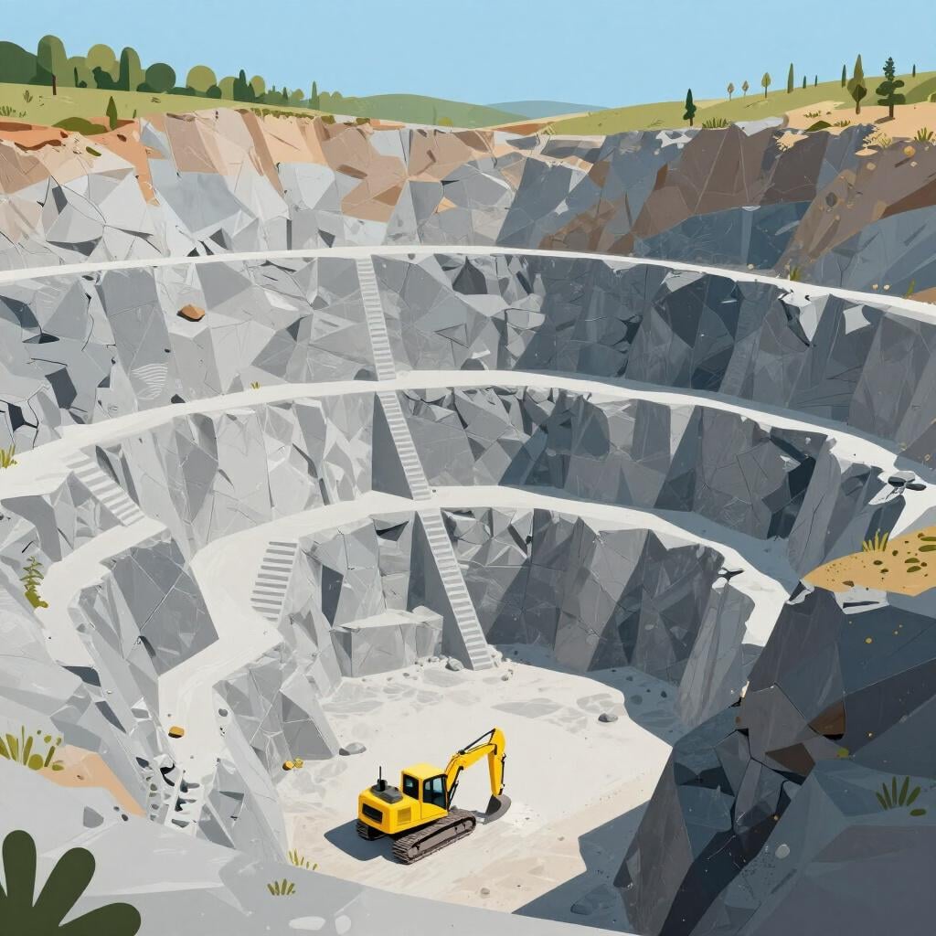 Une grande carrière à ciel ouvert avec des parois rocheuses en gradins et une petite excavatrice.