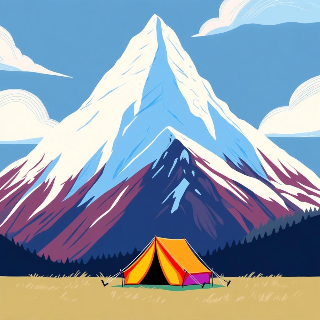 A storybook illustration showing a towering mountain with a small, colorful tent pitched directly at the base where the mountain meets the flat ground.