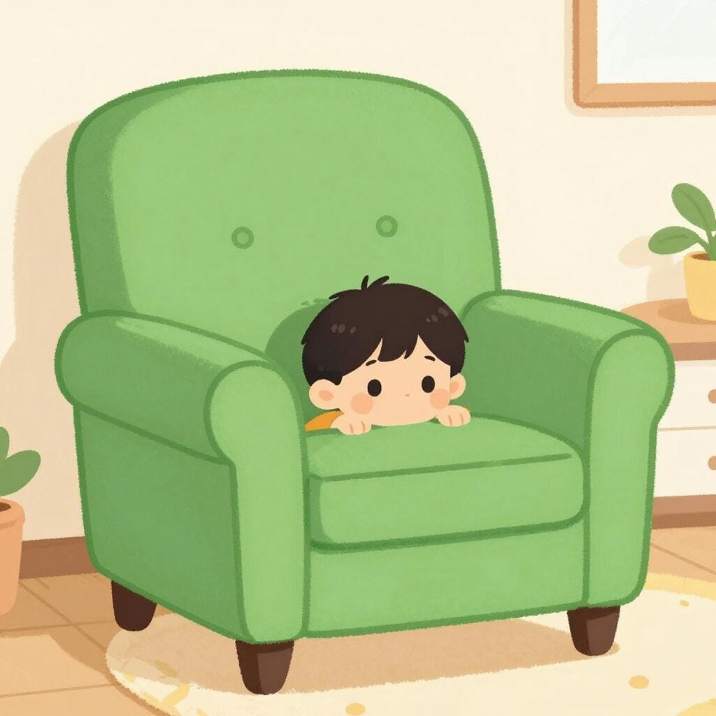 A small child peeking out from behind a large, colorful armchair in a cozy living room.