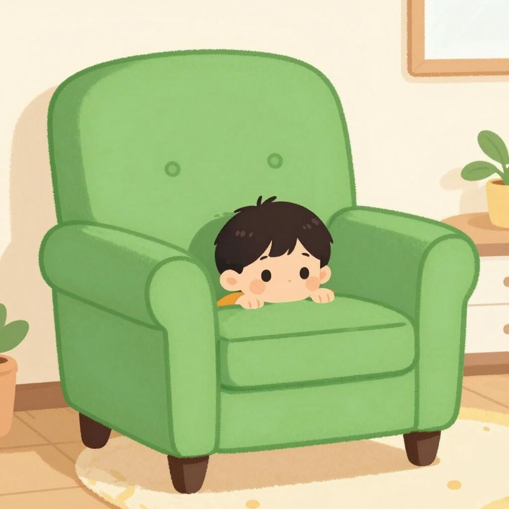 A small child peeking out from behind a large, colorful armchair in a cozy living room.