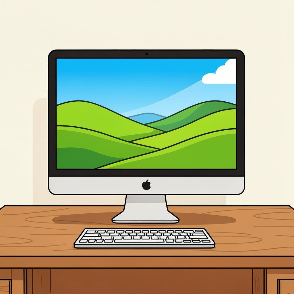 A sleek computer screen displaying a colorful landscape on a clean desk.