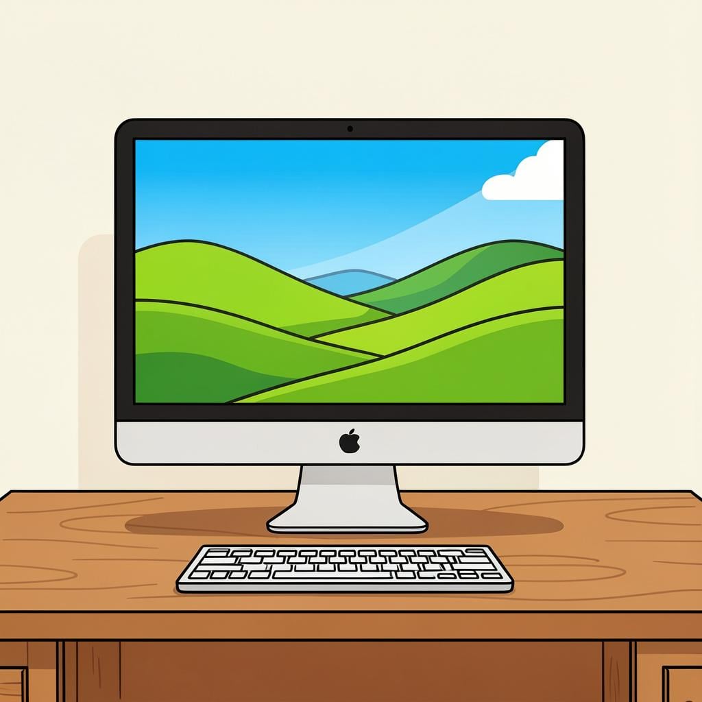 A sleek computer screen displaying a colorful landscape on a clean desk.