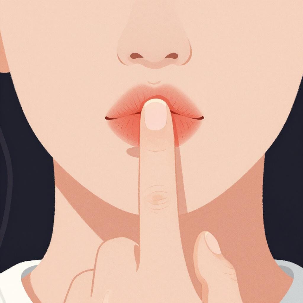 A person with a finger over their lips in a gesture for silence.