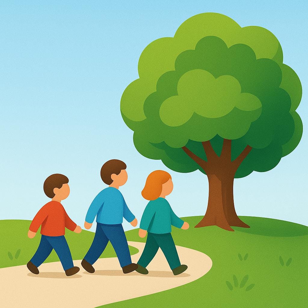 Three simplified figures walking along a curved path, moving past a large green tree and disappearing into the distance, illustrating movement.