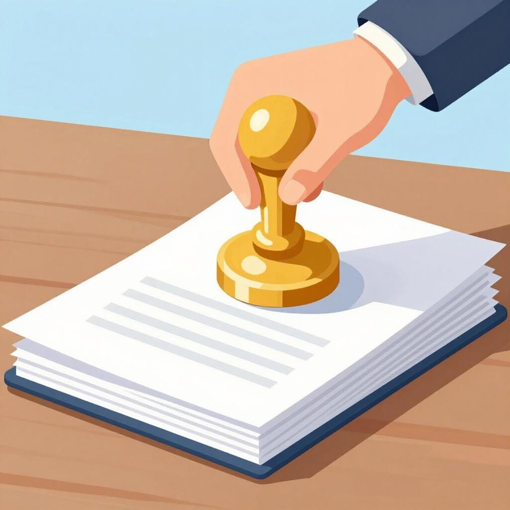 A stern official placing a heavy, official seal onto a stack of papers to represent imposing a rule.