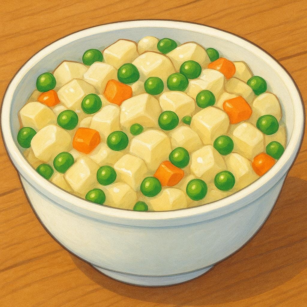 Een witte kom gevuld met romige aardappelsalade gemengd met zichtbare erwten, wortelblokjes en mayonaise, staand op een houten oppervlak.