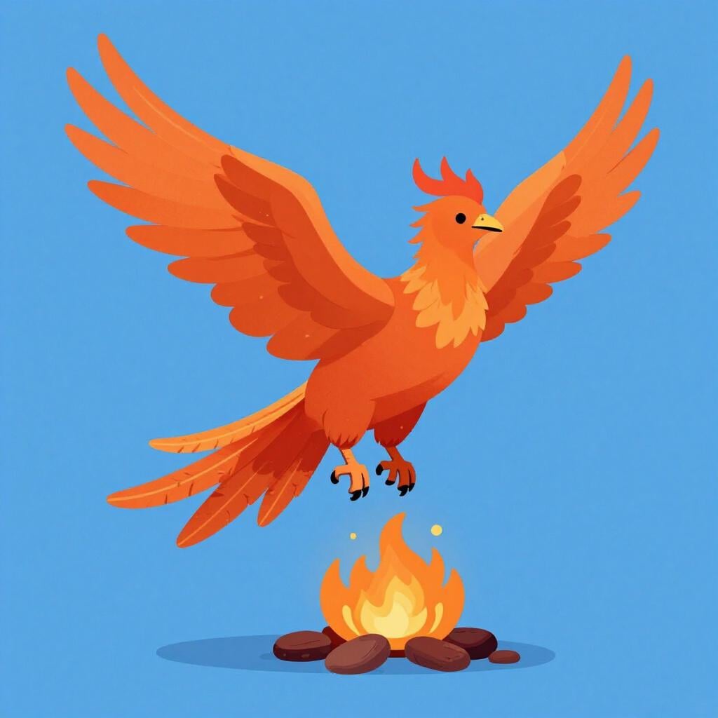 A vibrant phoenix with orange and red feathers rising from a small pile of glowing embers.
