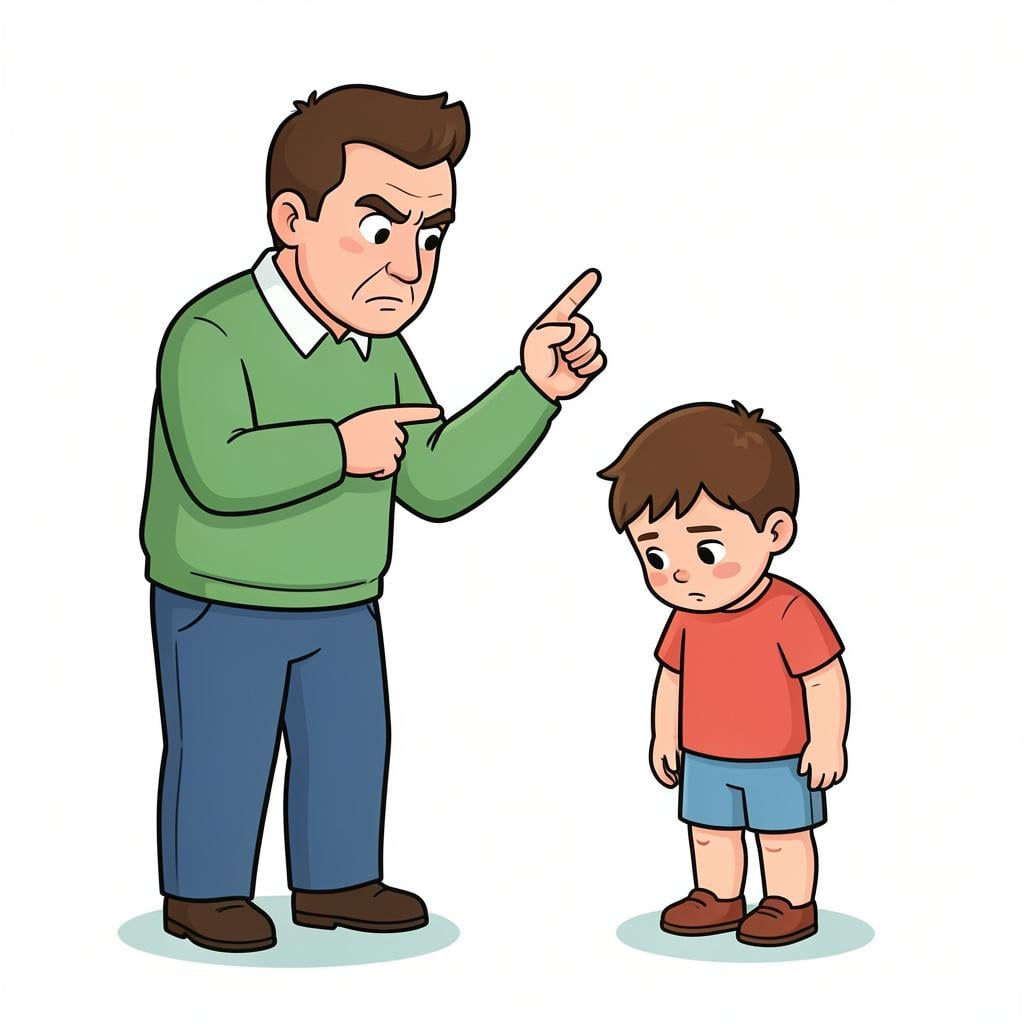 A stern adult pointing a finger while talking to a child who is looking down.