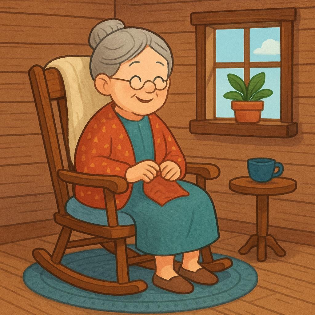 A colorful storybook illustration showing an elderly woman sitting peacefully in a rocking chair inside a small, cozy wooden house, suggesting a settled life.