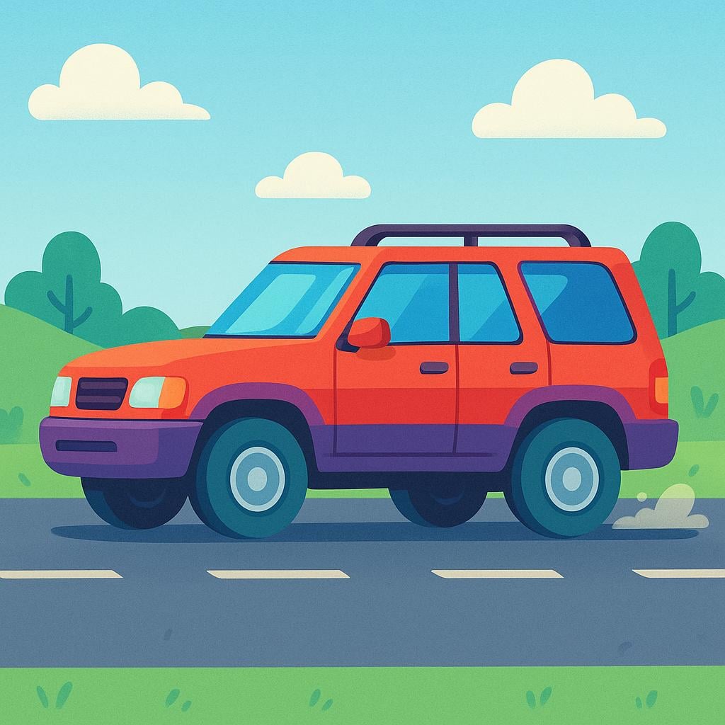 A vibrant, four-door Sport Utility Vehicle (SUV) depicted in a storybook style, driving on a road.