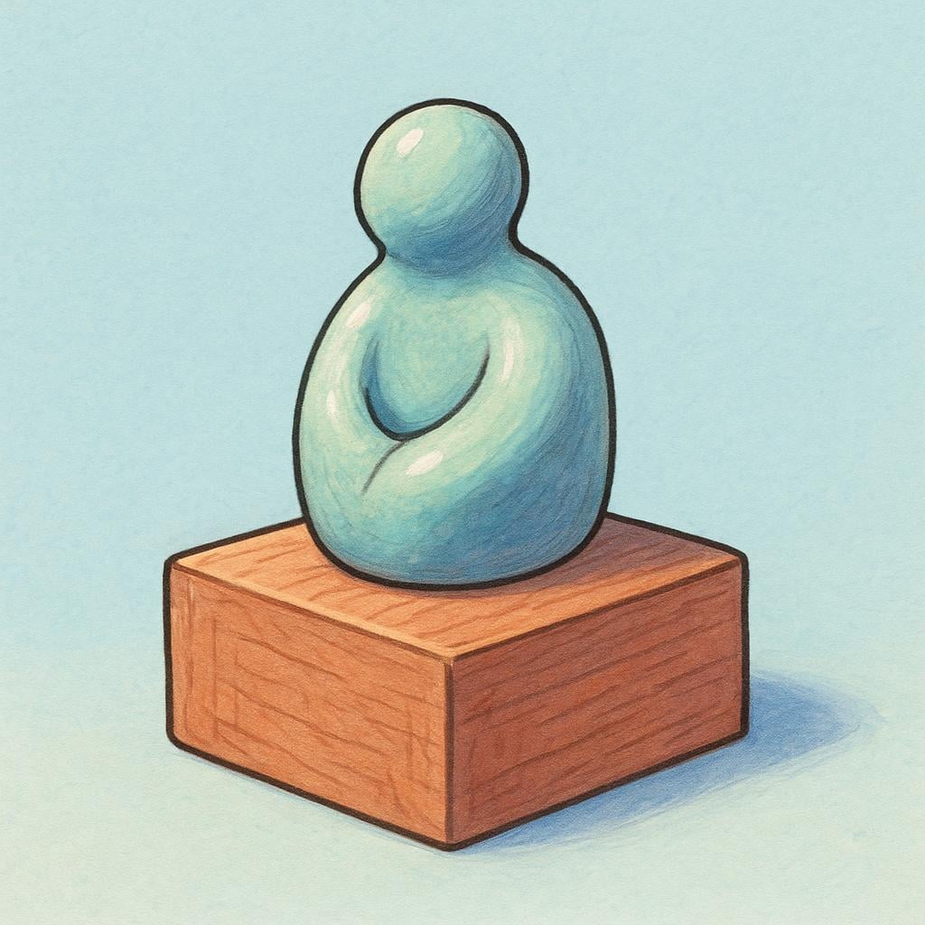 A small, finished, abstract ceramic sculpture resting on a wooden pedestal, representing an artistic work.